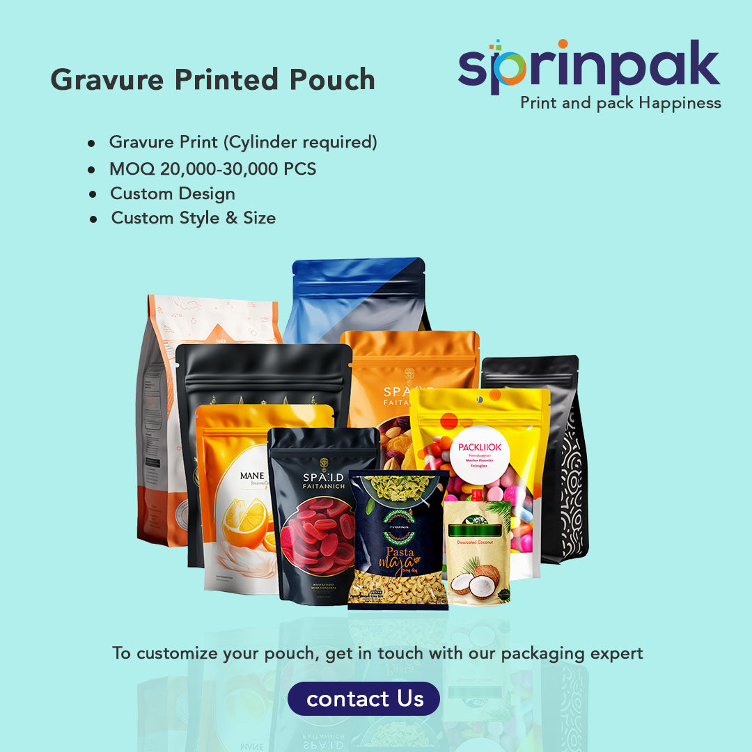 Custom gravure printed stand-up zipper pouches for food and non-food packaging – MOQ 20,000+
