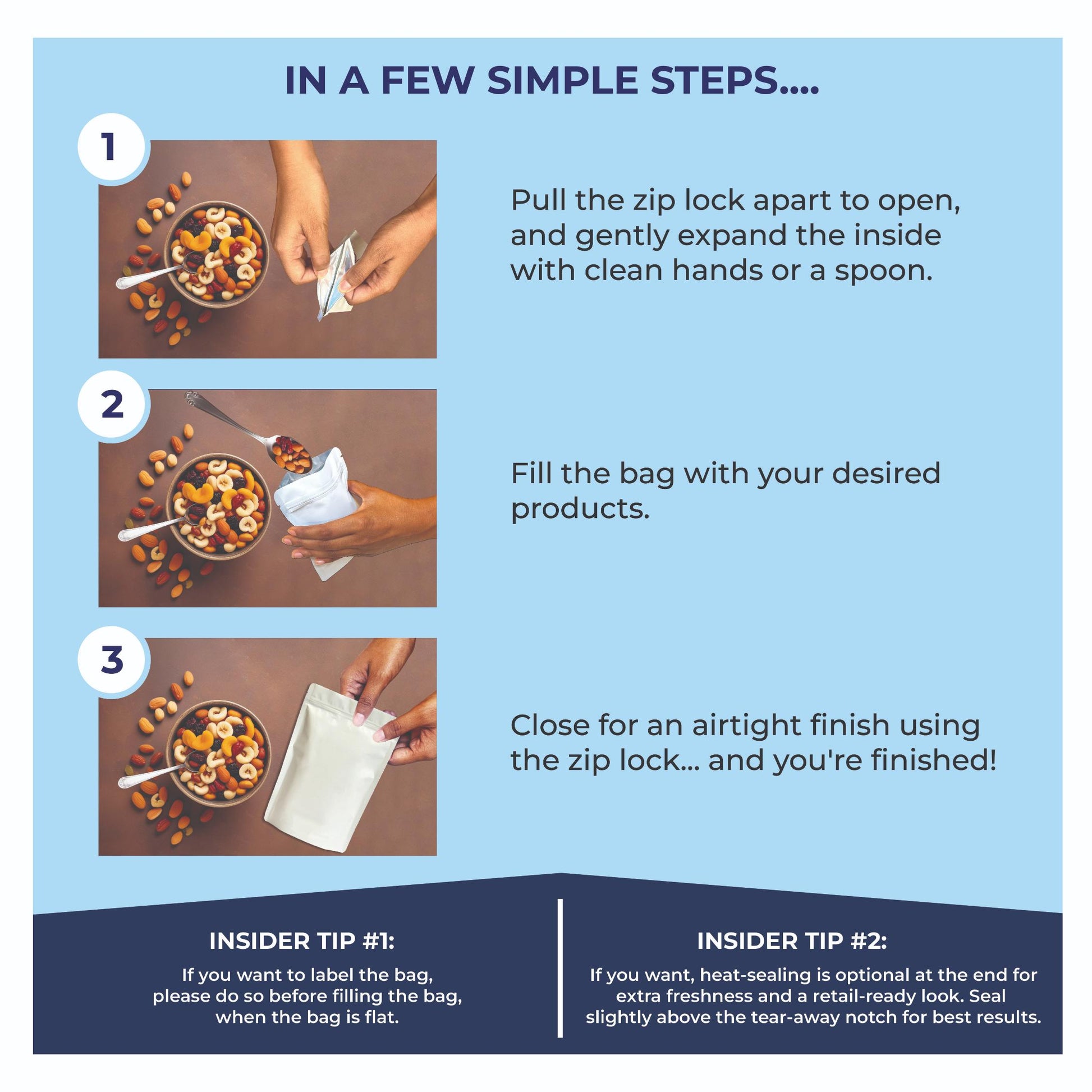 Step-by-step guide to using White stand-up zipper pouch – open, fill with products, and seal for freshness