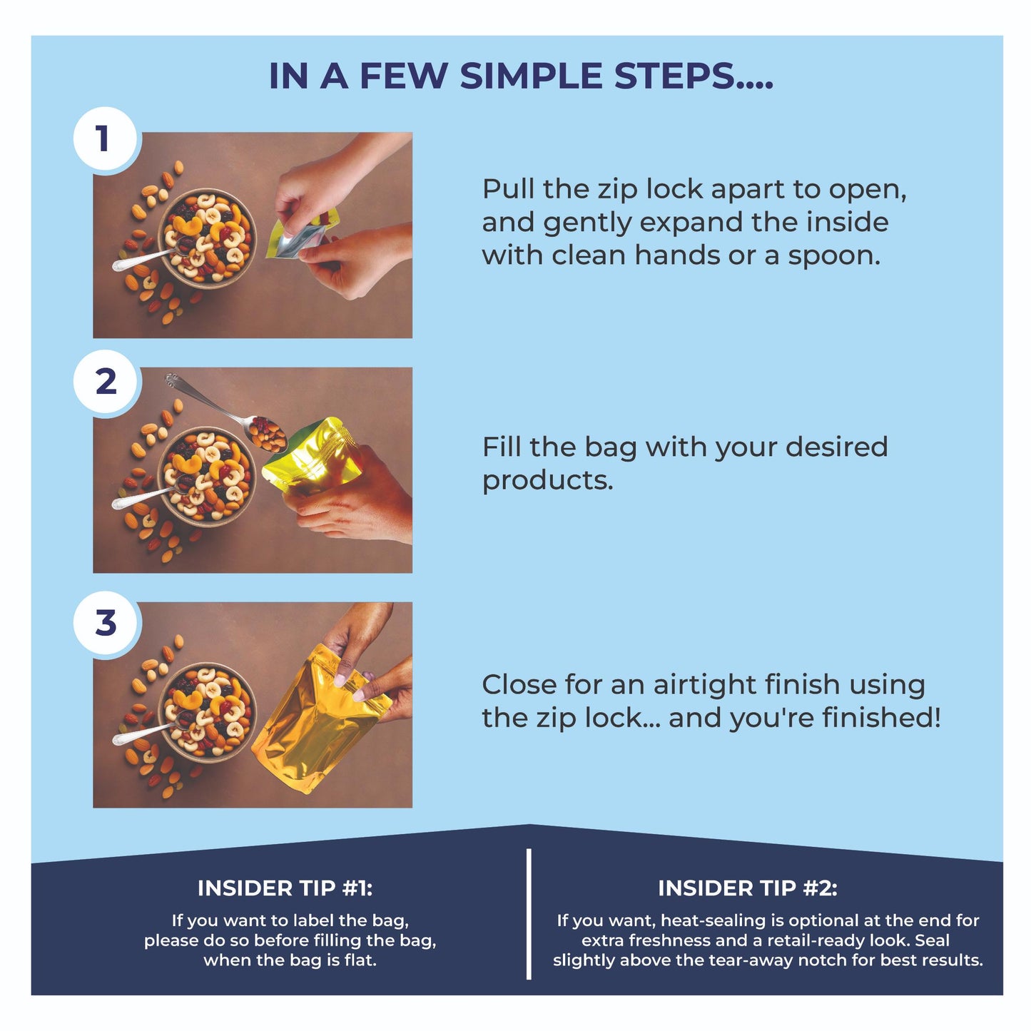 Step-by-step guide to using golden stand-up zipper pouch – open, fill with products, and seal for freshness