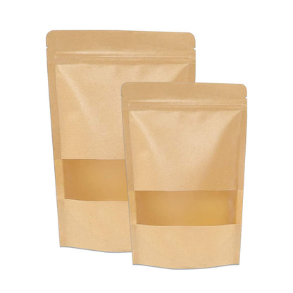 Overview of kraft paper stand up zipper pouches with clear window for food grade packaging
