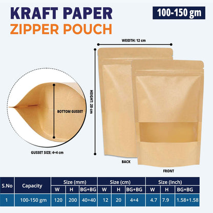 100g kraft paper stand up zipper pouch with transparent window for tea and coffee packaging||100 to 150gm - 120mm(W) * 200mm(H) * 40mm+40mm(BG)