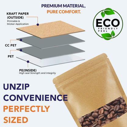 Multi-layer structure of kraft paper stand up zipper pouch with CCPET, PET, and PE lining||50 to 70gm - 95mm(W) * 150mm(H) * 30mm+30mm(BG)