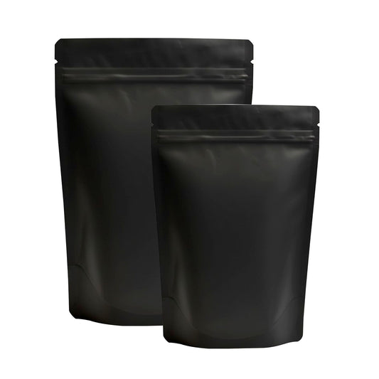 Matte black stand up zipper pouch for premium food packaging||50 to 70gm - 95mm(W) * 150mm(H) * 60mm(BG)