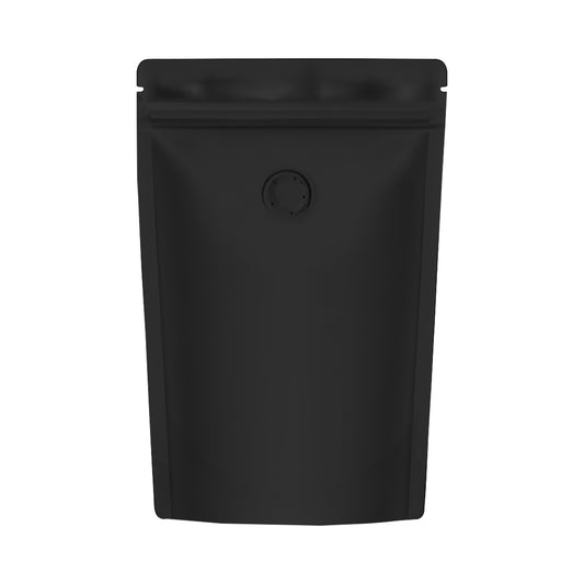 Matte black stand-up zipper pouch with degassing valve for coffee packaging

