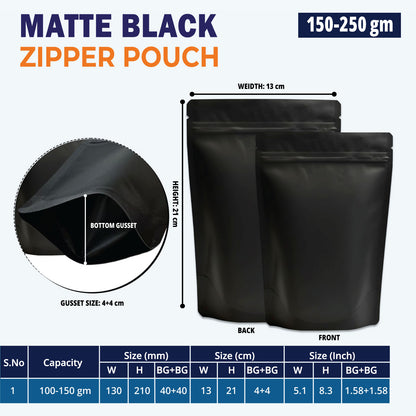 150g matte black food grade stand up pouch||150 to 250gm - 130mm(W) * 210mm(H) * 80mm(BG)