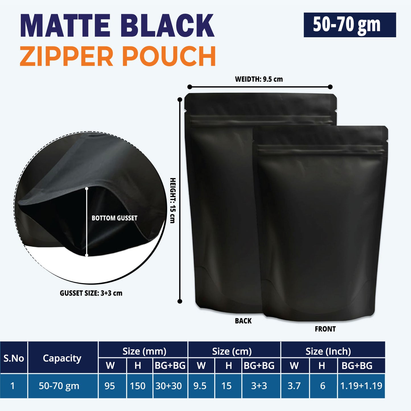 50g matte black pouch with ziplock for food storage||50 to 70gm - 95mm(W) * 150mm(H) * 60mm(BG)