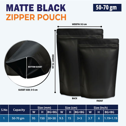 50g matte black pouch with ziplock for food storage||50 to 70gm - 95mm(W) * 150mm(H) * 60mm(BG)