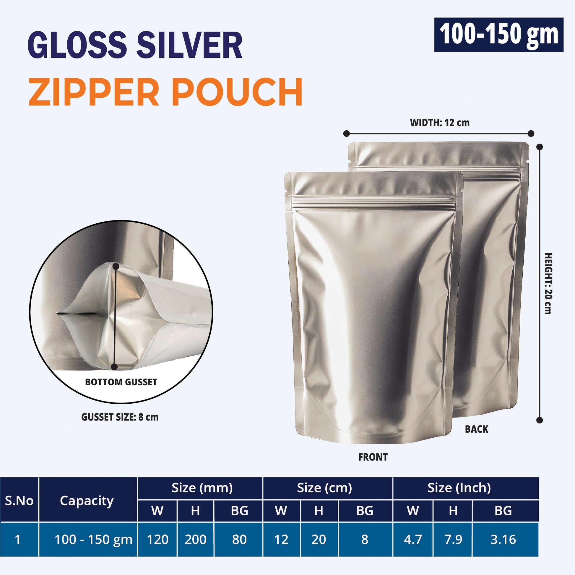100g matte silver stand up zipper pouch