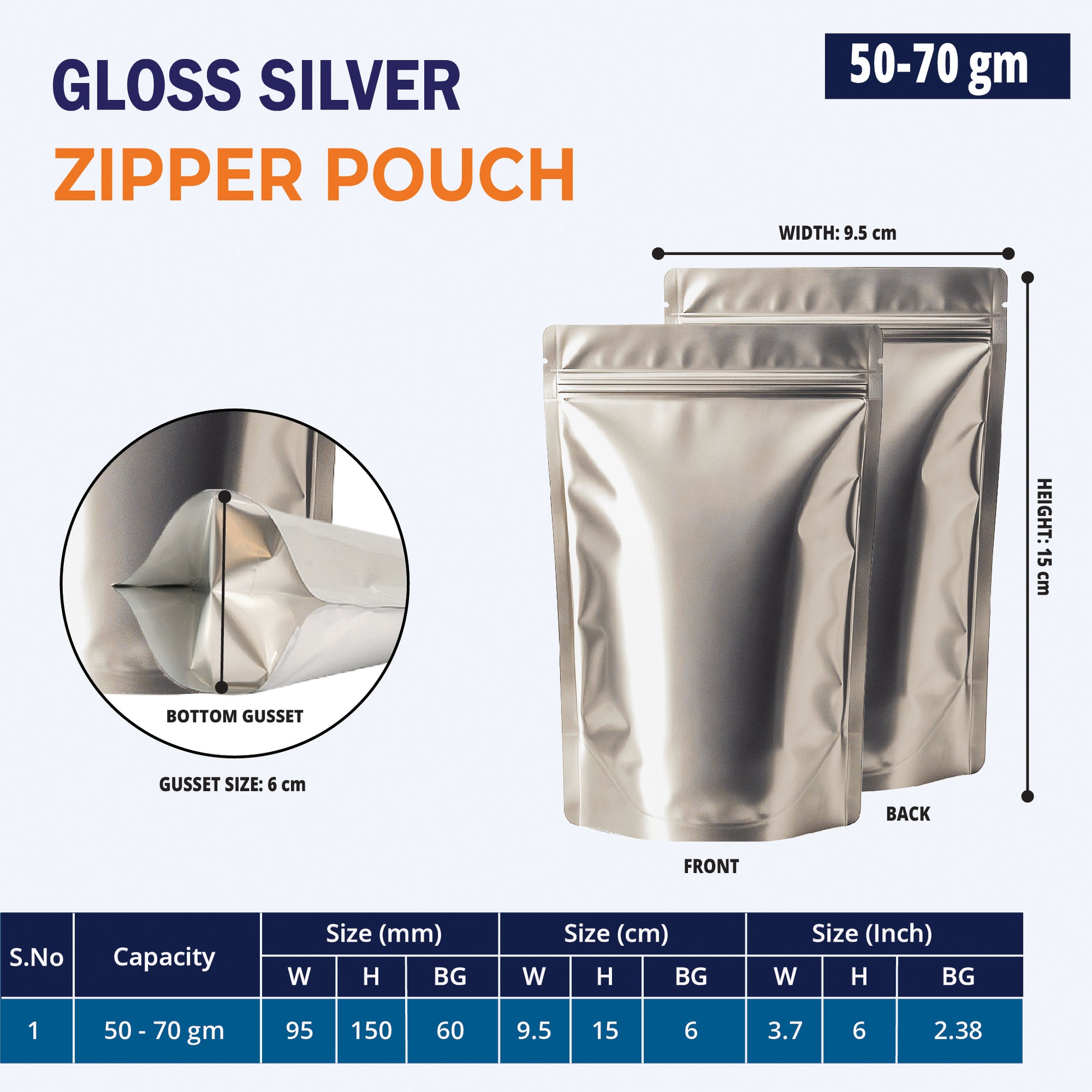 50g matte silver stand up zipper pouch