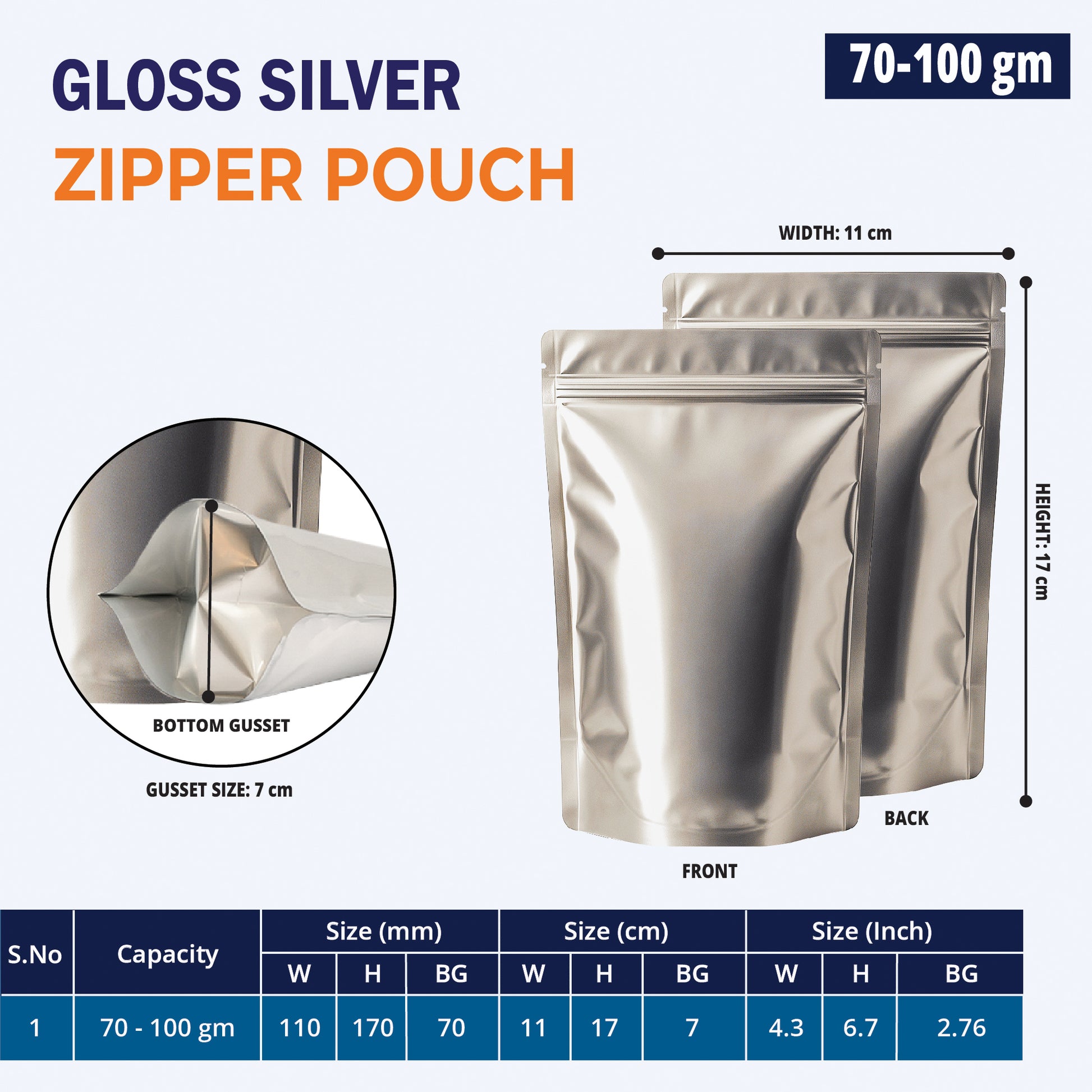70g matte silver stand up pouch with ziplock