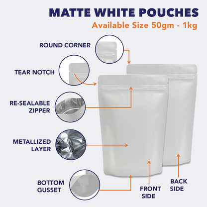 Features of matte white zipper pouch: heat seal, stand up||50 to 70gm - 95mm(W) * 150mm(H) * 60mm(BG)