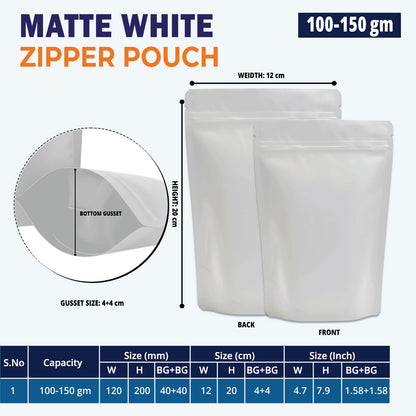 100g matte white pouch for snacks, dry fruits, and tea||100 to 150gm - 120mm(W) * 200mm(H) * 80mm(BG)