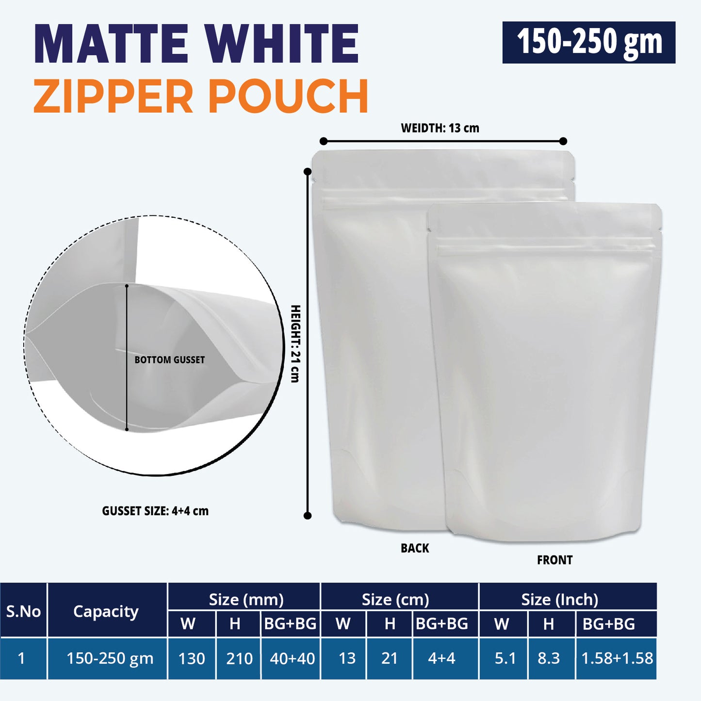 150g matte white food grade pouch with zipper||150 to 250gm - 130mm(W) * 210mm(H) * 80mm(BG)