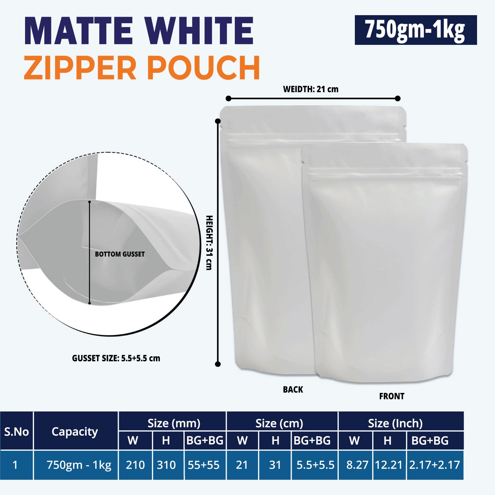 1kg matte white zipper pouch for bulk food packaging