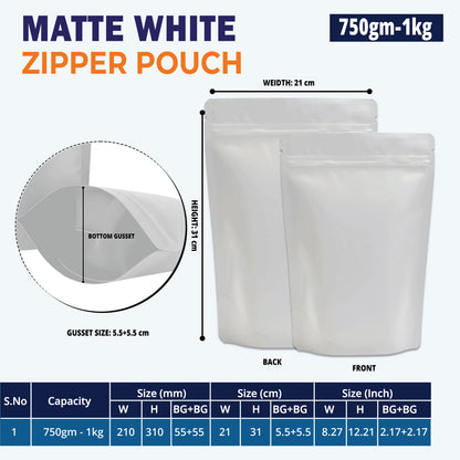 1kg matte white zipper pouch for bulk food packaging||750gm to 1kg - 210mm(W) * 310mm(H) * 110mm(BG)