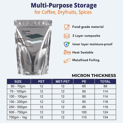 Both side gloss silver stand up pouches in multiple microns|||70 to 100gm - 110mm(W) * 170mm(H) * 70mm(BG)
