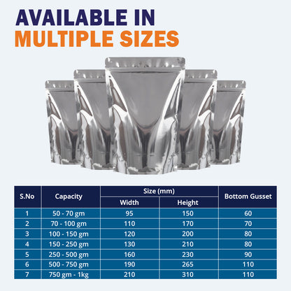 Both side gloss silver stand up pouches available in sizes||70 to 100gm - 110mm(W) * 170mm(H) * 70mm(BG)