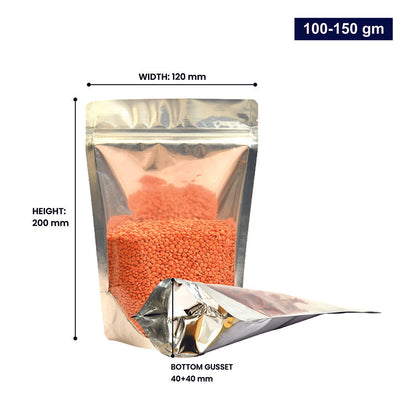 One side transparent stand-up pouch 100-150gm with a zip lock, showing dimensions||100 to 150gm - 120mm(W) * 200mm(H) * 40mm+40mm(BG)