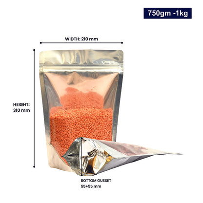 One side transparent stand-up pouch 750-1kg with a zip lock, showing dimensions||750gm to 1kg - 210mm(W) * 310mm(H) * 55mm+55mm(BG)