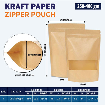 250g kraft paper stand up zipper pouch with clear window for spices and FMCG products||250 to 400gm - 160mm(W) * 230mm(H) * 45mm+45mm(BG)