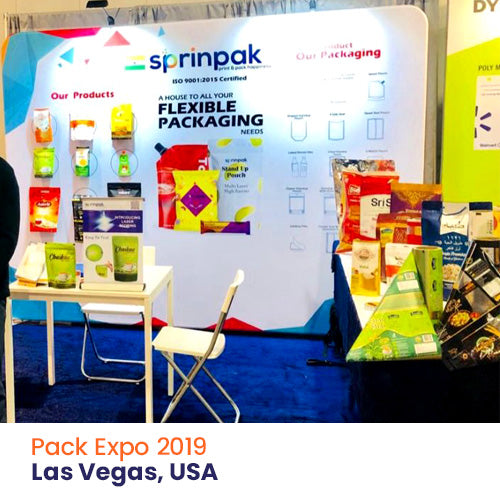 Sprinpak booth showcasing flexible packaging solutions at Pack Expo 2019 in Las Vegas, USA