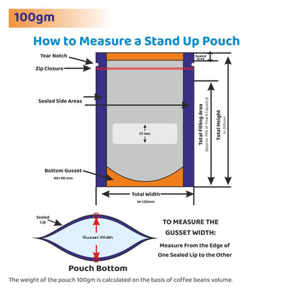 A guide on how to measure a 100gm stand-up pouch, showing the dimensions of the sealed areas, zip closure, bottom gusset, and total filling area||100 to 150gm - 120mm(W) * 200mm(H) * 40mm+40mm(BG)