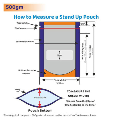 A guide on how to measure a 500gm stand-up pouch, showing the dimensions of the sealed areas, zip closure, bottom gusset, and total filling area||500 to 750gm - 190mm(W) * 265mm(H) * 55mm+55mm(BG)