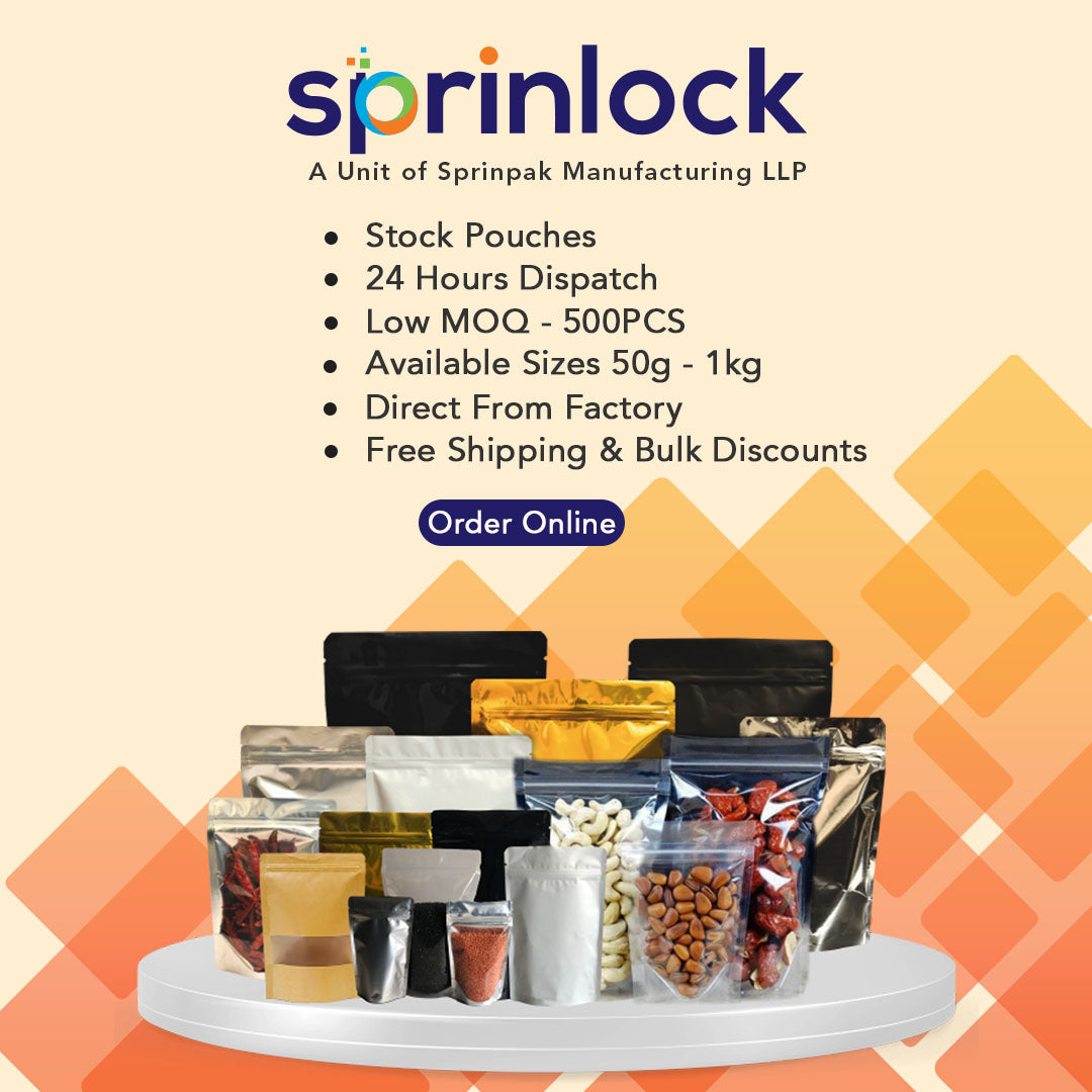 Stand up zipper pouches in various sizes and colors for food and FMCG packaging by Sprinlock