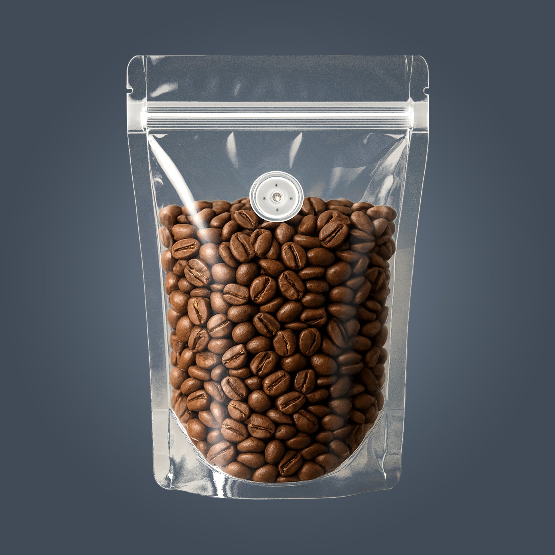 Transparent stand-up zipper pouch with degassing valve filled with coffee beans – ideal for coffee packaging by Sprinlock

