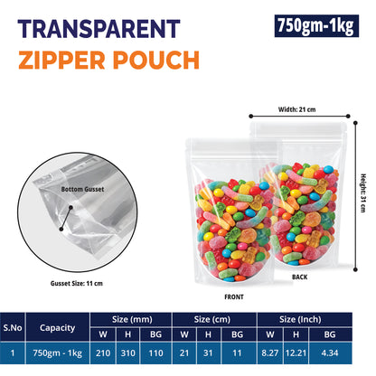 1kg transparent ziplock pouch for bulk packaging||750gm to 1kg - 210mm(W) * 310mm(H) * 110mm(BG)