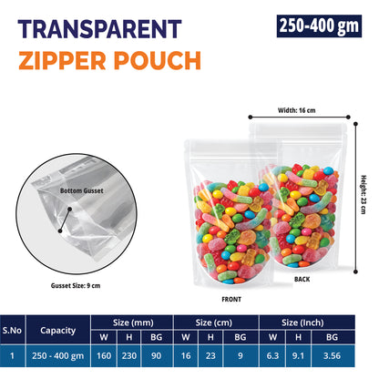 250g transparent stand up pouch made from PET PE||250 to 400gm - 160mm(W) * 230mm(H) * 90mm(BG)
