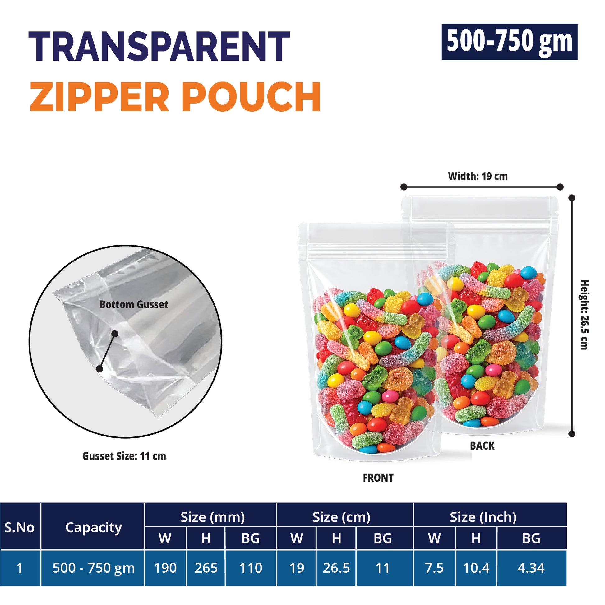 500g clear stand up zipper pouch with strong seal