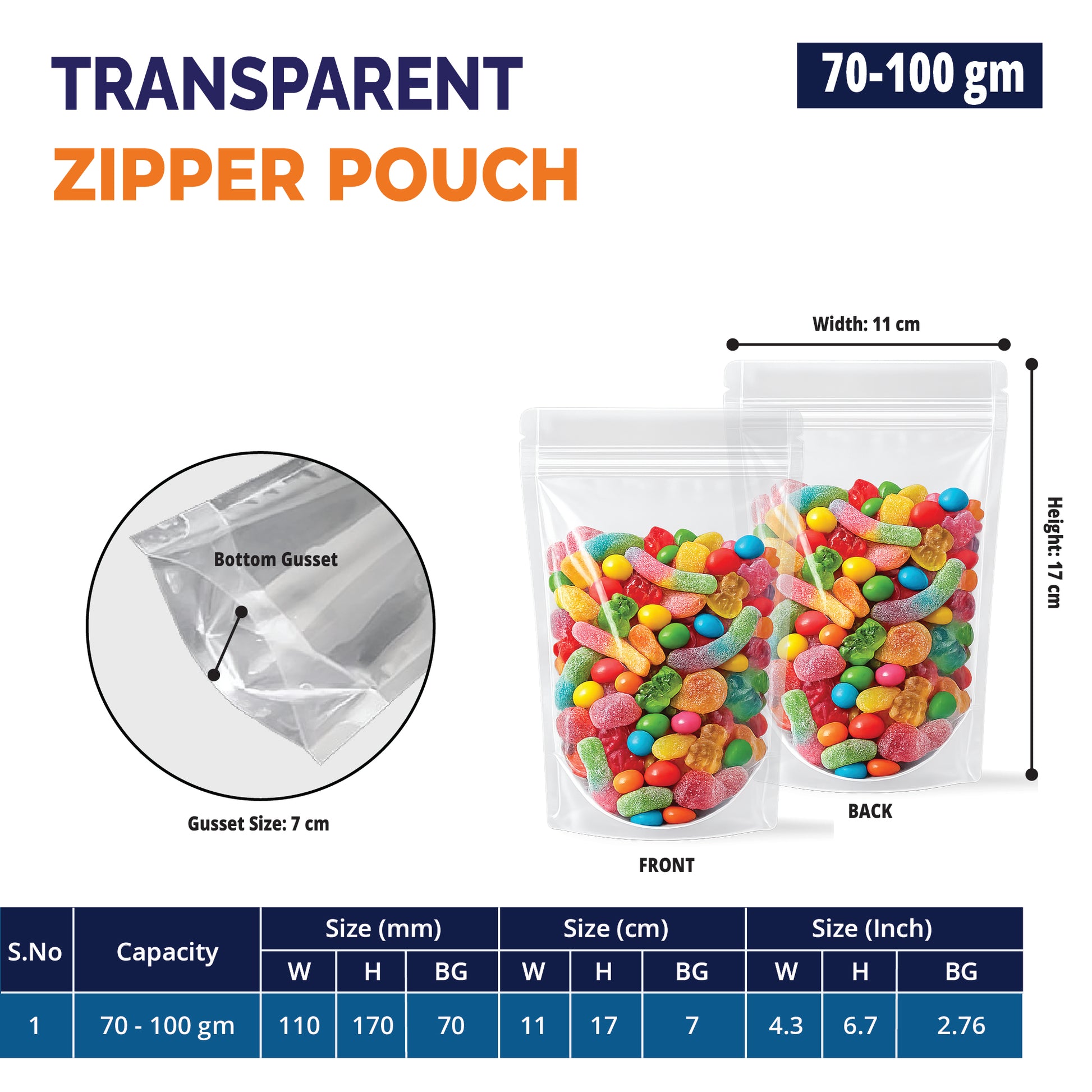 70g clear stand up pouch with resealable zipper