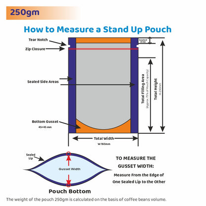 Guide on how to measure a 250gm gold stand-up pouch showing total width, height, bottom gusset, sealed side areas, and zip closure||250 to 400gm - 160mm(W) * 230mm(H) * 45mm+45mm(BG)
